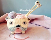 The Silly Bull Dog Yarn Bowl Handmade ceramic yarn bowl. Hand pinch. Bamboo matching knitting needles. Pottery Gift ideas. French bull dog.