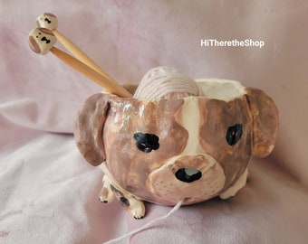 More Woof Woof Dog Yarn Bowl! Handmade ceramic yarn bowl. Hand pinch. Bamboo matching knitting needles. Pottery Gift ideas. Beagle spaniels.
