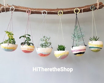 The Rainbow Candy Collection, hanging planter, hanging plant pot, succulent pots, pinch pots, colourful designs, home studio pottery.