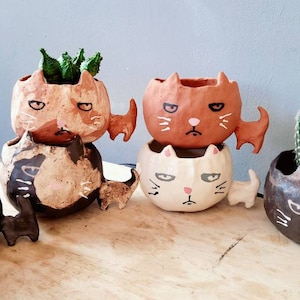 The Big Headed Cat. Ceramic handmade plant pot. Succulent pot. Cactus pot. Grumpy cat. Personalised. Pottery. Terracotta. Custom Gift ideas. image 3