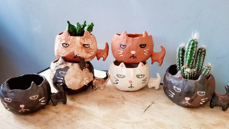 The Big Headed Cat. Ceramic handmade plant pot. Succulent pot. Cactus pot. Grumpy cat. Personalised. Pottery. Terracotta. Custom Gift ideas. image 3