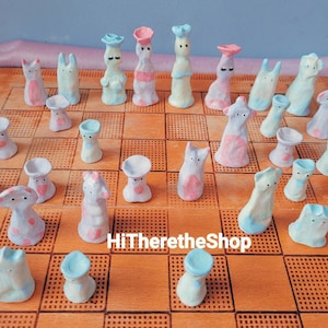 The Pastel Kingdom Chess Pieces! Special Handmade ceramic chess set. Pottery idea. Home décor. Chess collector. Quirky chess. Unique chess.
