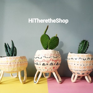 May include: Three decorative ceramic plant pots, each with a different cactus or succulent. The pots are cream-coloured with hand-painted patterns in black, orange, and yellow. Each pot has three curved legs. The background is a mix of yellow, blue, and pink.
