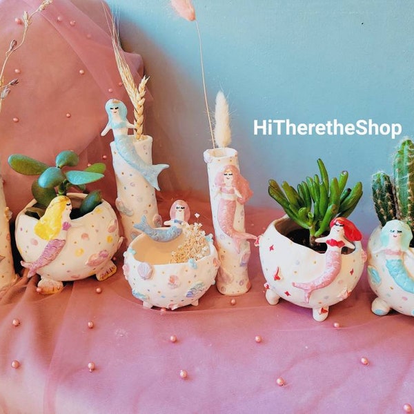 The Little Mermaids Collection! Handmade ceramic hanging plant pot, succulent cactus pot,  home decor garden decor. Pottery gift. Vases.