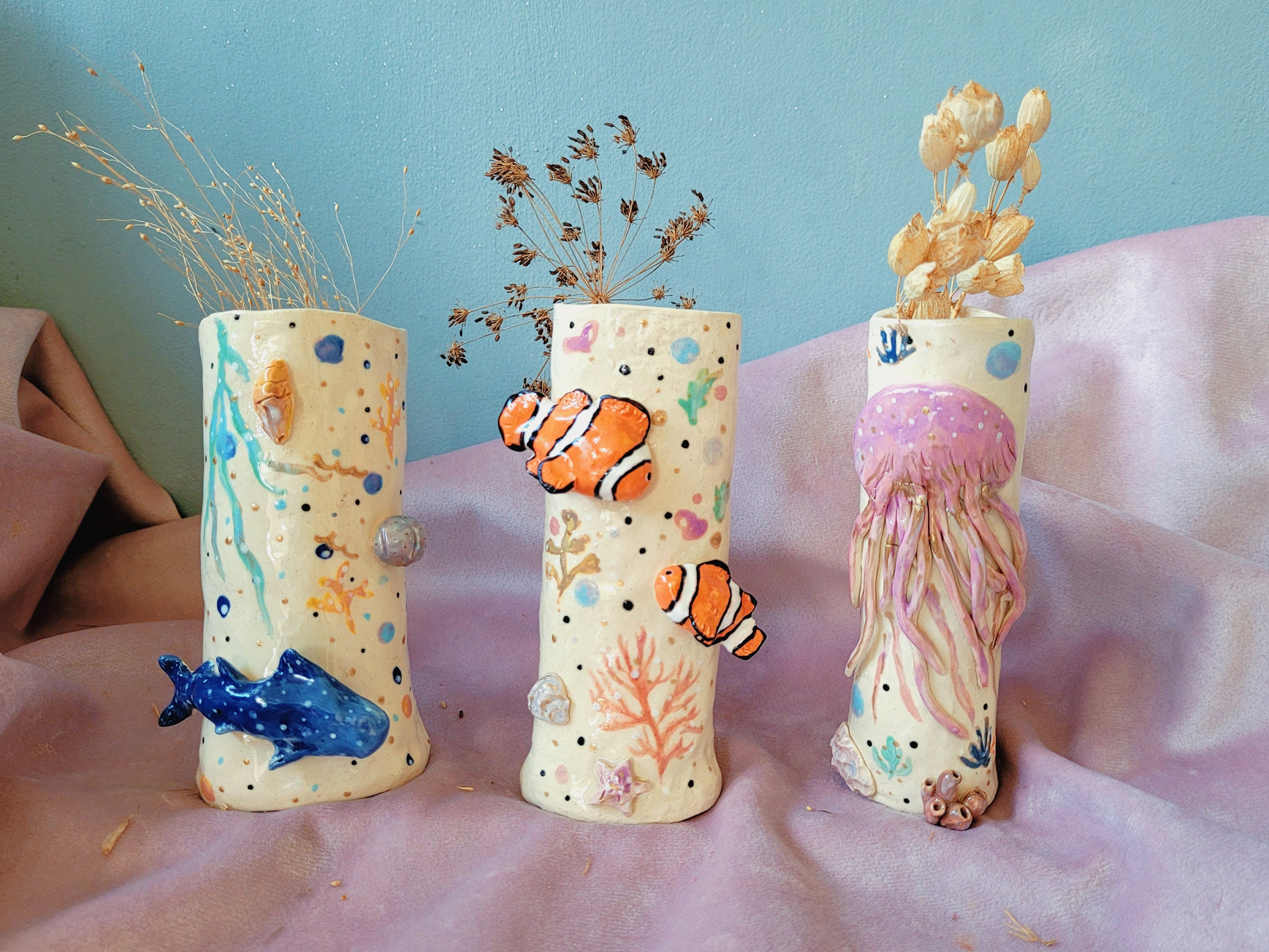The Sealife Vases - Handmade ceramic vase, home décor, garden décor,Pottery gifts. Whale shark corals clown fish jellyfish shell starfish