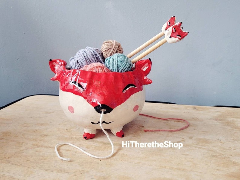 The Spirit Fox Yarn Bowl Handmade ceramic yarn bowl. Hand pinched. Red Fox. Special bamboo matching knitting needles. Pottery Gift ideas. image 1