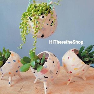 May include: Three white ceramic planters with colourful abstract patterns and three-legged bases. Each planter holds a different type of succulent plant. The planters are on a light wood surface. HiThereTheShop is written in white text on a blue background.