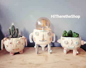 The Robot Collection - Handmade ceramic planter, lamp, succulent pot, cactus pot, plant pot, home decor, garden decor, pottery gift ideas.