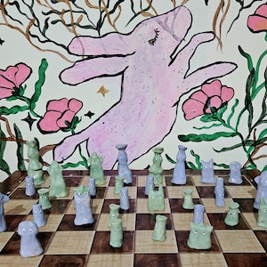 Botanic Wars Chess Pieces - Handmade ceramic chess set. Pottery gift Chess collector Quirky Unique chess peices. Blue purple green creatures