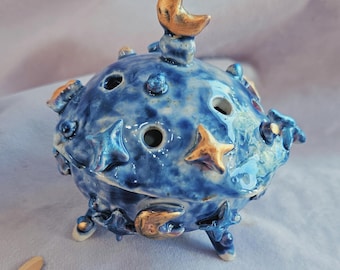 Blue Dream Moon and Star Handmade Incense Burner! Moon star Home décor. Pottery gift. Ceramic burner. Incense making. Incense burning.