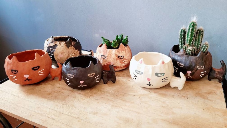 The Big Headed Cat. Ceramic handmade plant pot. Succulent pot. Cactus pot. Grumpy cat. Personalised. Pottery. Terracotta. Custom Gift ideas. image 2
