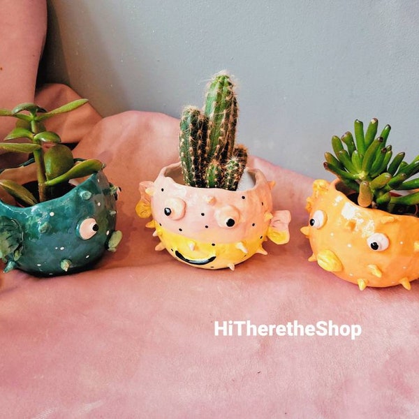 Mr Puffty the Happy Pufferfish! Handmade ceramic succulent cactus pot, plant pot, home garden decor. Outdoor planter. Pottery gifts. Fish.