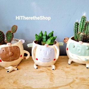 Puede incluir: Tres macetas de cerámica con forma de personajes de dibujos animados con caras de diferentes colores. Cada maceta tiene un tipo diferente de cactus o planta suculenta que crece en su interior. Las macetas están sobre una superficie de madera. HiTheretheShop está escrito en la parte superior central de la imagen.