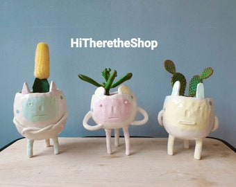 The Grumpopuff Collection - Handmade ceramic succulent cactus pot, outdoor planter, garden decor home decor, grumpy, fun pottery gift ideas.