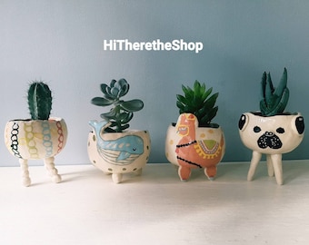 The Very Fun Collection 2 - Ceramic handmade, succulent pot, small planter, cactus pot, plant pot, gifts. Pug. Links. Whale. Llama. Dolphin.