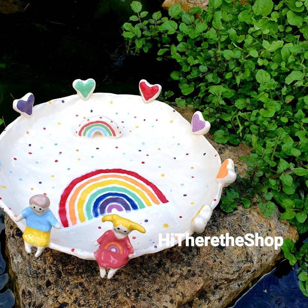 The Happiness Dish - Large Rainbow and little persons dish. Handmade ceramic Jewelry dish, key dish, display tray. Trinket dish.