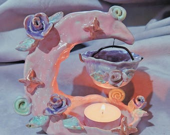 Quemador mágico de flor y luna creciente. Quemador de cera artesanal. Decoración para el hogar con forma de hongo y estrella lunar. Regalo de cerámica. Quemador de cerámica. Difusor.