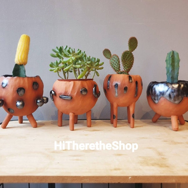 The "When Metal Meets Red Clay.." Collection - Handmade ceramic planter, succulent pot, cactus pot, metallic, terracotta, unique gift ideas.