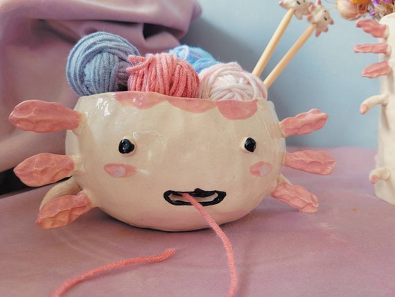 The Silly Axolotl Yarn Bowl Handmade Ceramic Yarn Bowl. Hand Pinched.  Bamboo Matching Knitting Needle. Axolotl Plant Pot Axolotl Vase Gift 