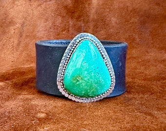 Turquoise and Leather Cuff - Rising Oheonix Turquoise and Starling Silver