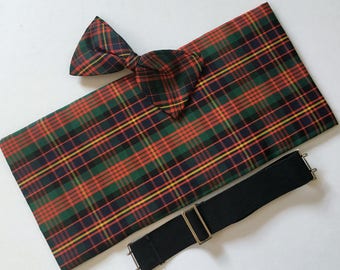 Cummerbund Vintage 1950s Formal Wedding Mens Tuxedo Suit Accessories Red Green Tartan Plaid Cumberbund England 3pc Set Silk Clip On Bow Tie