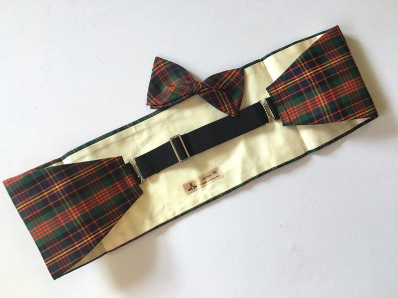 Cummerbund Vintage 1950s Formal Wedding Mens Tuxedo Suit Accessories Red Green Tartan Plaid Cumberbund England 3pc Set Silk Clip On Bow Tie