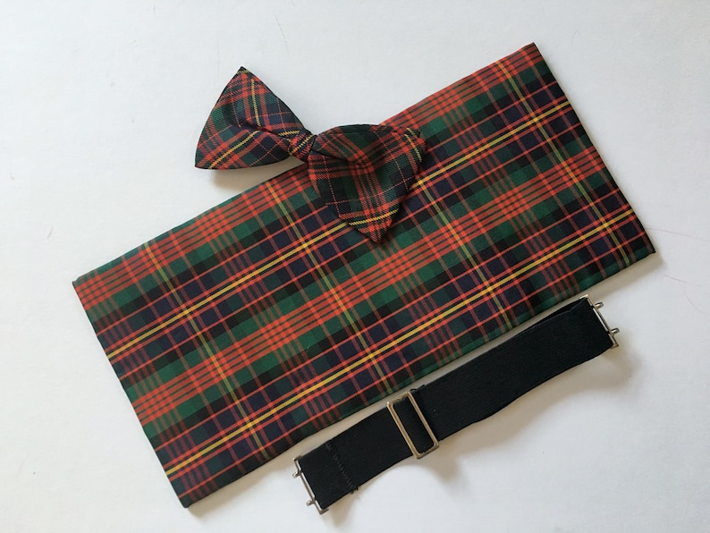Cummerbund Vintage 1950s Formal Wedding Mens Tuxedo Suit Accessories Red Green Tartan Plaid Cumberbund England 3pc Set Silk Clip On Bow Tie