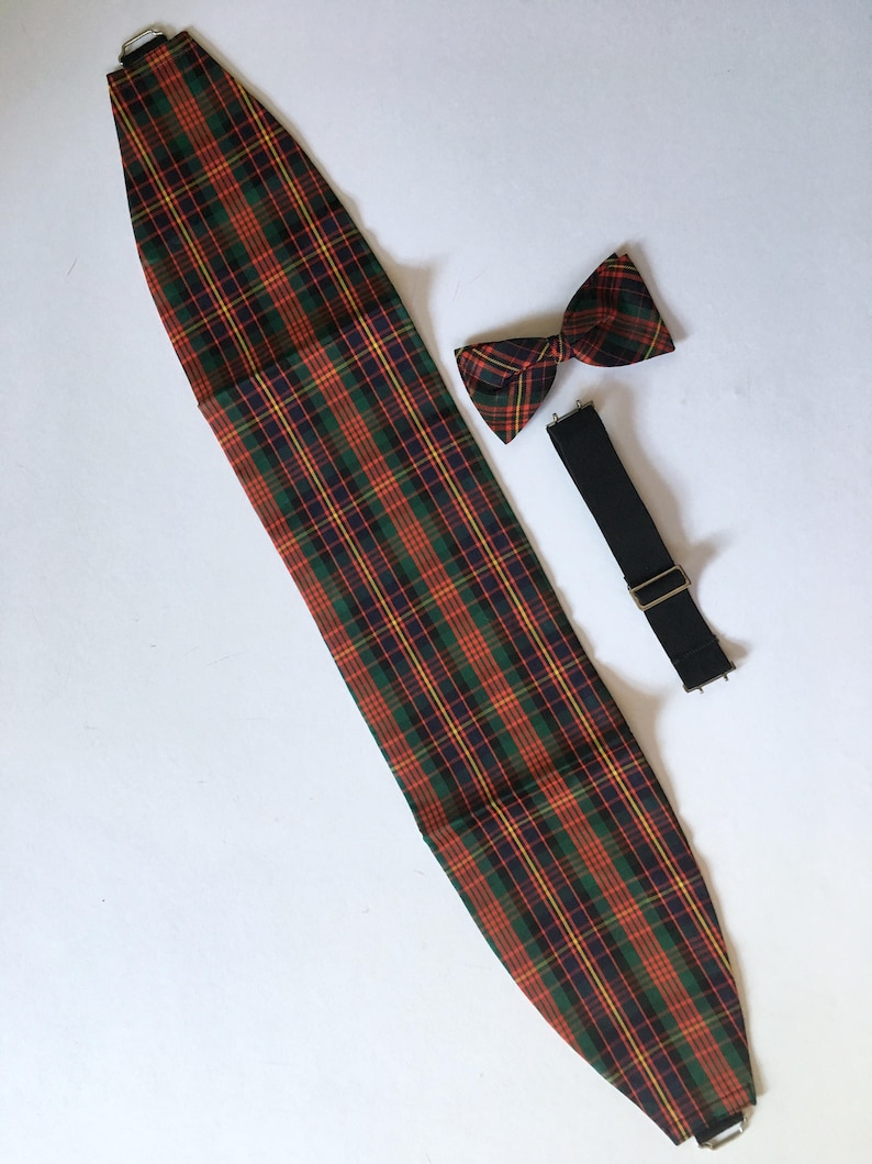 Cummerbund Vintage 1950s Formal Wedding Mens Tuxedo Suit Accessories Red Green Tartan Plaid Cumberbund England 3pc Set Silk Clip On Bow Tie