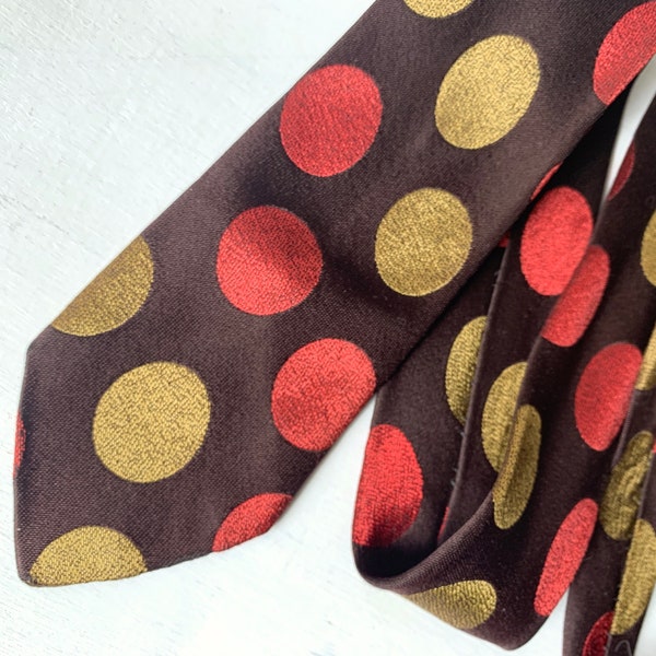 Vintage Rayon Polka Dot Tie Gold Red Brown Offbeat Geometric Graphic Formal Wedding Necktie