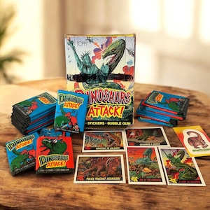 Puede incluir: Una colección de cromos y chicles vintage "Dinosaurs Attack!", con ilustraciones coloridas de dinosaurios y destrucción. El conjunto incluye paquetes, cromos individuales y una caja con un gráfico de dinosaurio y Estatua de la Libertad.
