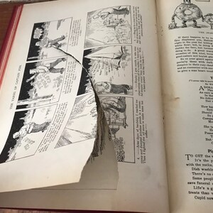 May include: A vintage book with a torn page, showing a black and white comic strip illustration of a man in a forest. The text on the page reads "The Yarns of Captain Pipe". The opposite page shows a black and white illustration of two cartoon characters with the text "The Owollo Family".