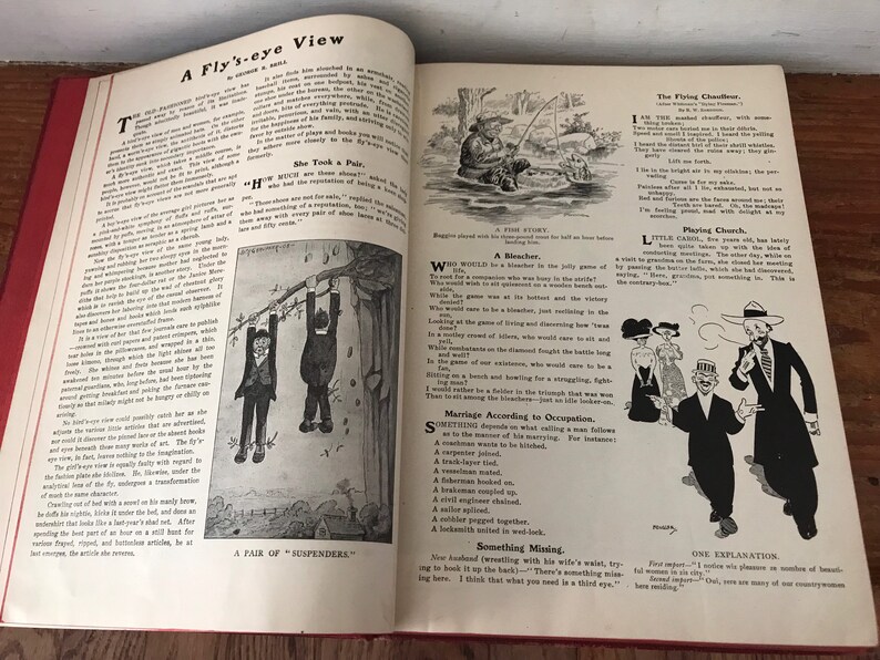 May include: A vintage book with black and white illustrations and text. The book is open to a page with the title "A Fly's-eye View" and several short stories and illustrations. The text includes the phrases "She Took a Pair", "A Pair of Suspenders", "A Bleacher", "The Flying Chauffeur", "Playing Church", "Something Missing", and "One Explanation".