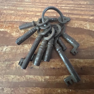May include: A collection of antique metal keys on a ring. The keys are various sizes and shapes, with a worn, rustic appearance. The keys are arranged on a wooden surface, suggesting a vintage or historical theme.
