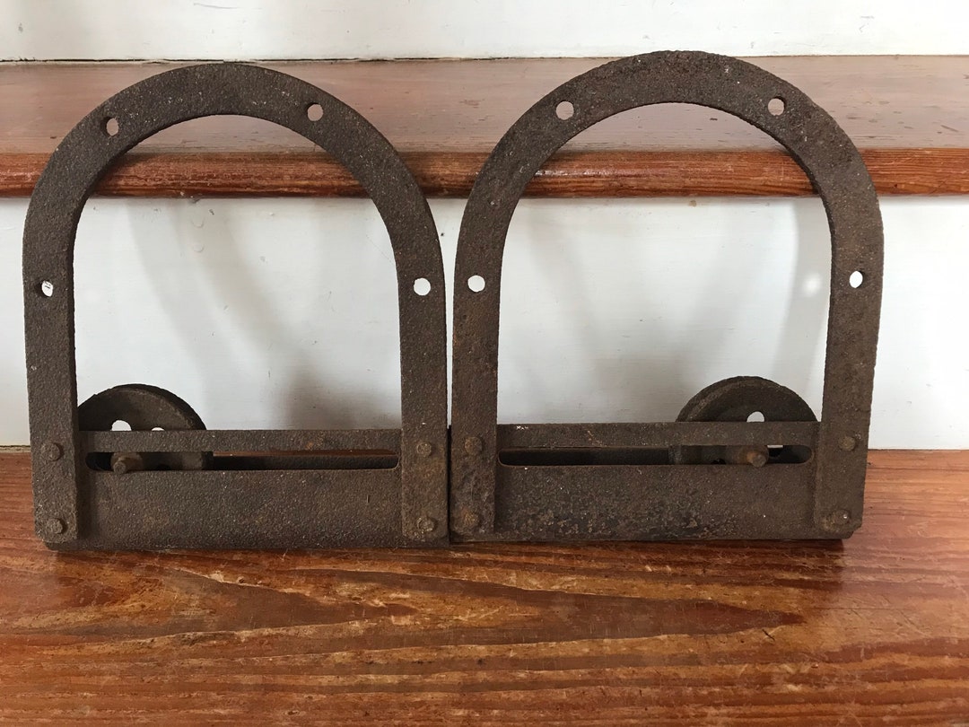 Pair of Cast Iron Barn Door Pulleys Architectural Repurpose Vintage