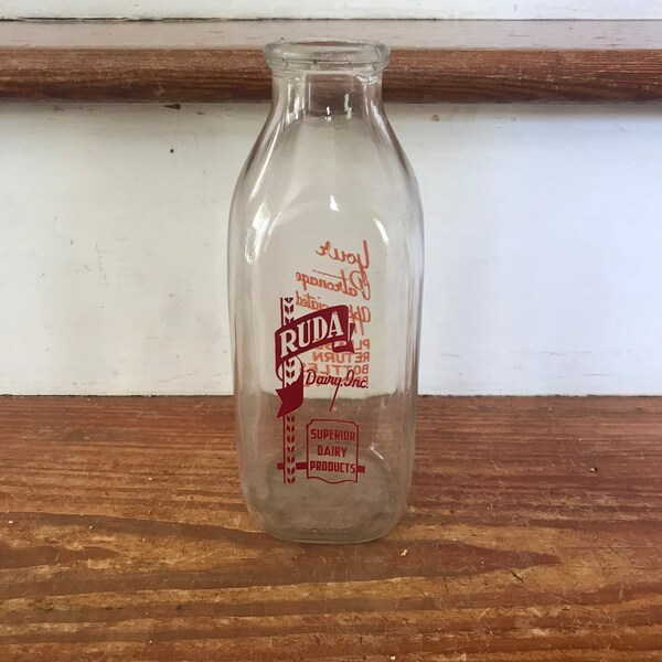 Vintage Glass Milk Bottle - Ruda Dairy Inc. One Quart Bottle