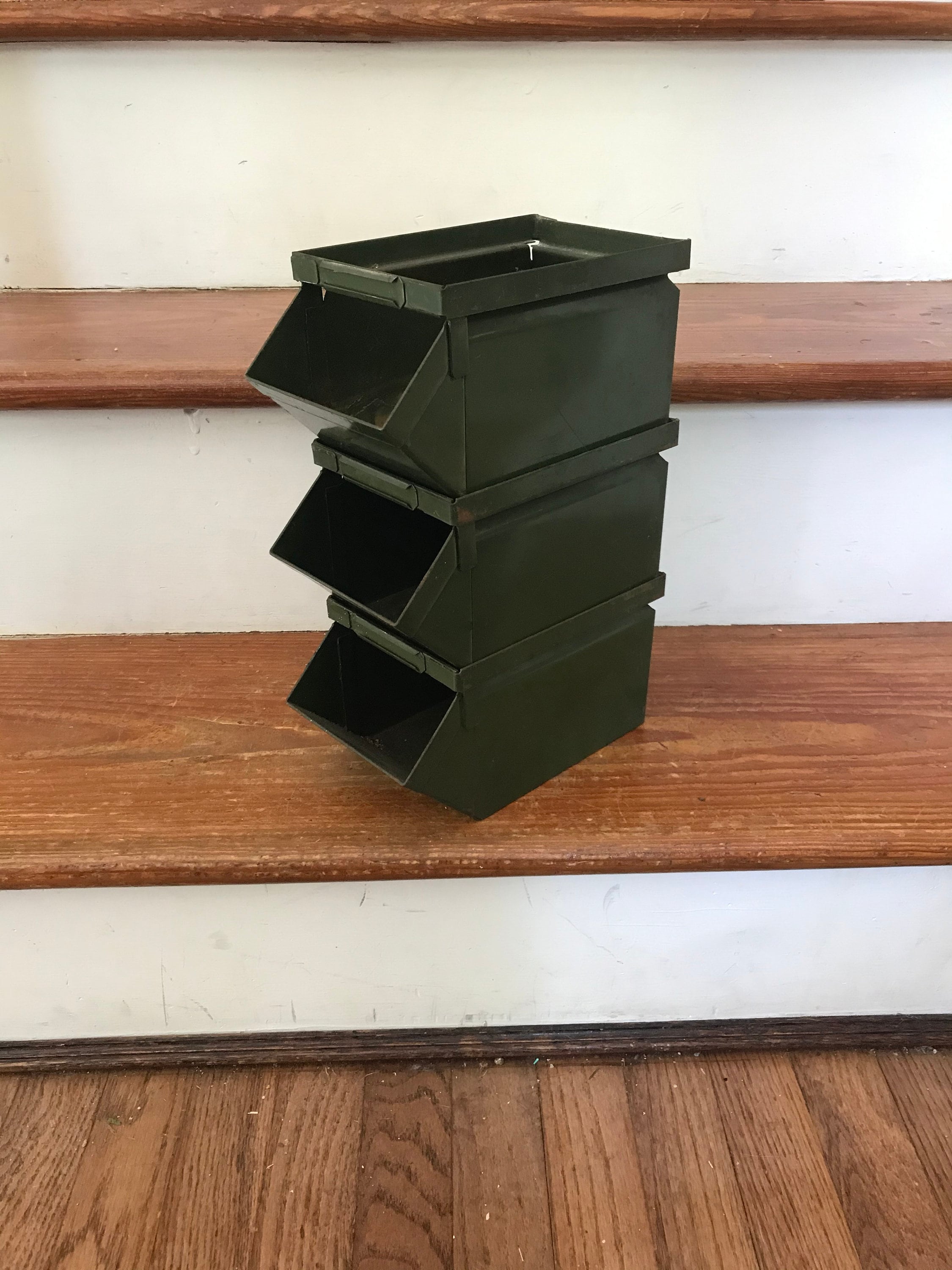 Vintage Metal Storage Bins 3 Small Stackable Bins Etsy