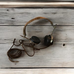 May include: Vintage, antique headset with a brown leather headband and dark earcups. The headset has a long, coiled brown cord and is set against a weathered, light-colored wooden background. The design suggests early 20th-century technology.