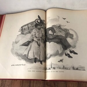 May include: A black and white illustration of a couple sitting on a cloud with suitcases. The caption reads "Their first journey on 'Lonesomeway' - Up in the Clouds."