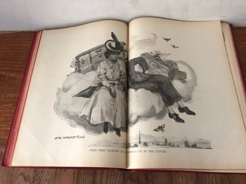 May include: A black and white illustration of a couple sitting on a cloud with suitcases. The caption reads "Their first journey on 'Lonesomeway' - Up in the Clouds."