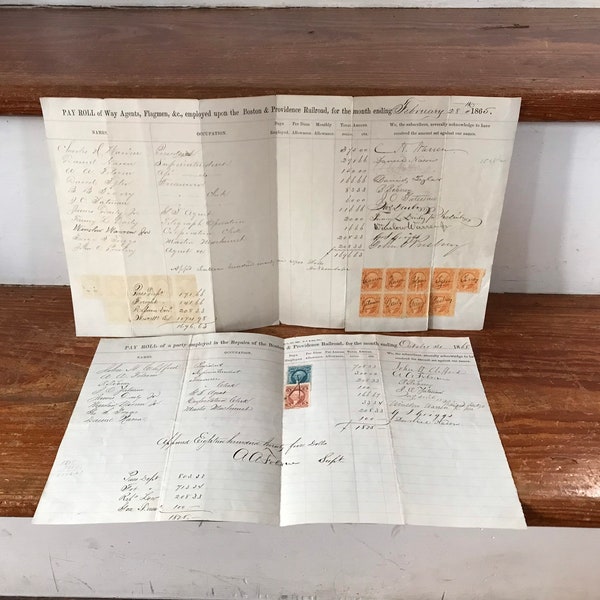 Boston & Providence Railroad Memorabilia - Payroll Ledger Sheets - Early New England Railroad History