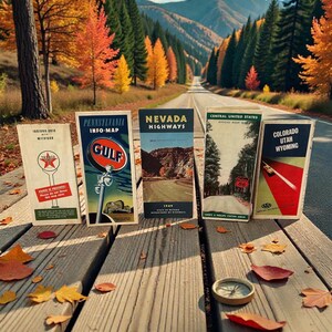 May include: A scenic autumn landscape with a road leading into the distance. Five vintage highway maps are displayed on a wooden surface, including Pennsylvania, Nevada, and Colorado. A compass and fallen leaves add to the travel theme.