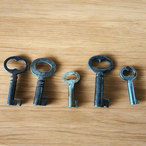 Peut inclure: Cinq clés squelettes antiques de tailles et de modèles variés sont disposées sur une surface en bois brun clair. Les clés sont en métal et présentent des signes d'âge, avec une gamme de tons gris foncé et argentés.
