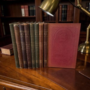 May include: A collection of antique hardcover books with weathered spines in shades of green, brown, and red. The largest book features a deep red cover with an embossed circular emblem and the text Goethe Bibliothek der Weltliteratur.