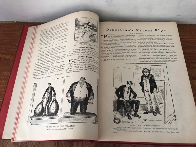 May include: A black and white illustration of a man standing on a scale with two bags of money. The caption reads "At the end of the vacation.  Pounds have been exchanged for pounds."