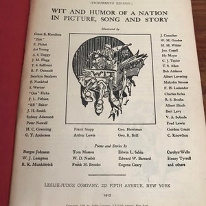 May include: A black and white illustration of a jester holding a book that says "Wit" on one side and "Humor" on the other. The illustration is from a book titled "Caricature: Wit and Humor of a Nation in Picture, Song and Story".