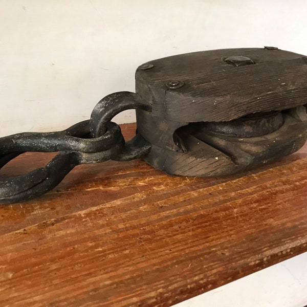 Large Cast Iron and Wooden Pulley - Split Hook Block and Tackle Rope And Pulley - Primitive Barn/Nautical Decor