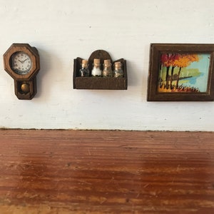 Lot of Doll House Wall Accessories - 1/12 Scale Miniatures - Pendulum Clock, Spice Rack, Canvas Painting