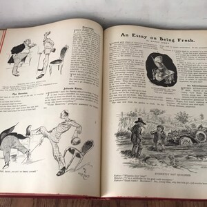 May include: An open book with black and white illustrations and text. The book is titled "An Essay on Being Fresh" by Harry James. The text discusses the importance of being fresh and the benefits of fresh air and exercise. The illustrations depict people in various humorous situations.