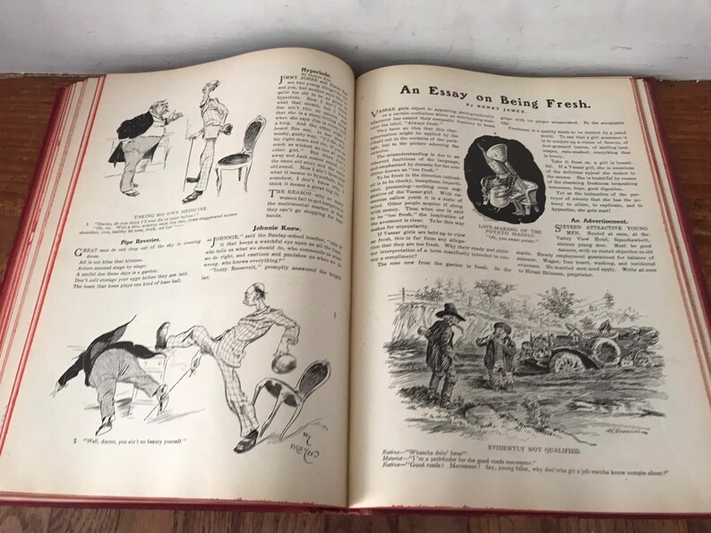 May include: An open book with black and white illustrations and text. The book is titled "An Essay on Being Fresh" by Harry James. The text discusses the importance of being fresh and the benefits of fresh air and exercise. The illustrations depict people in various humorous situations.