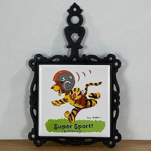 1976 Football Tiger Super Sport Ceramic Tile and Iron Trivet Decorated by Suzy Stafford, Tile by Prince, Made in Taiwan